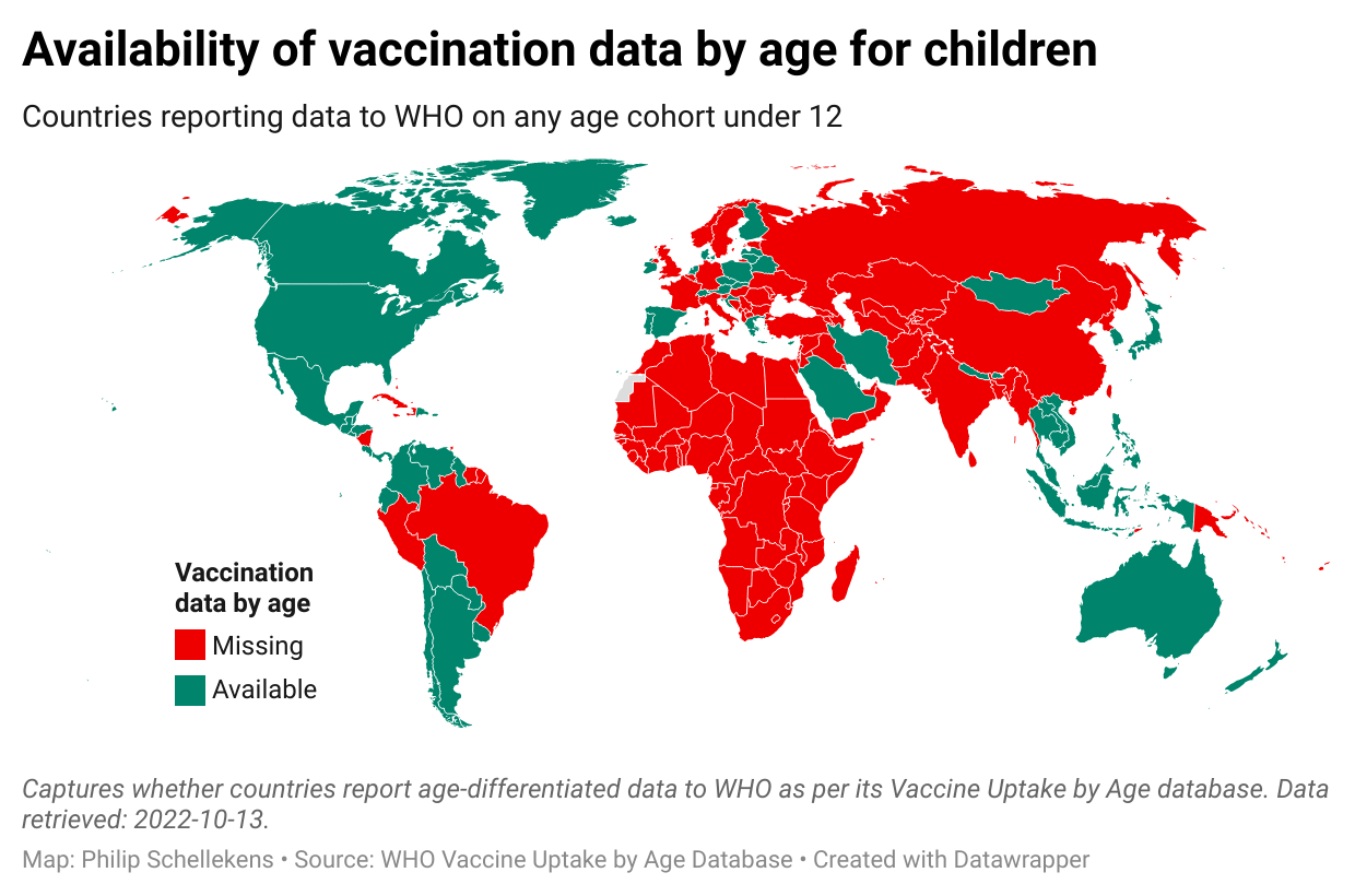 Map of availability of vaccination data by age for children cohorts