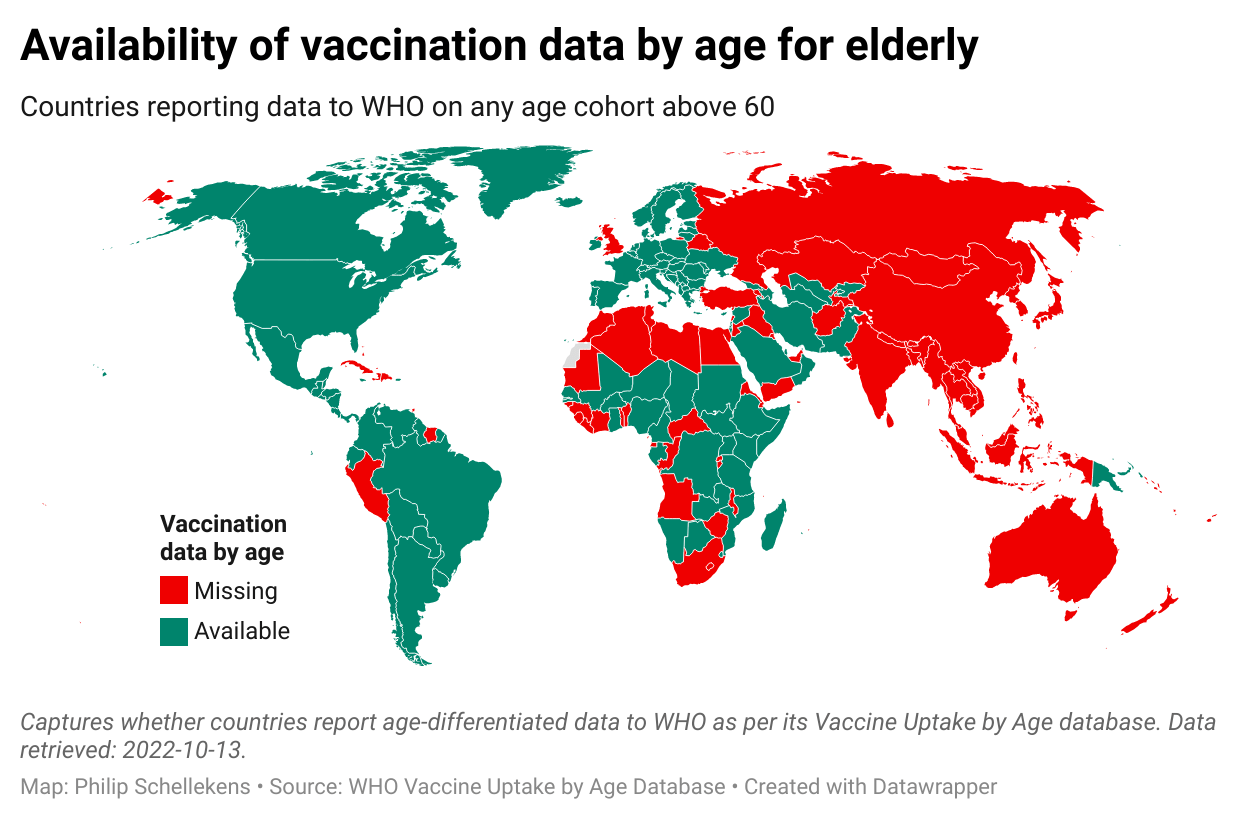 Map of availability of vaccination data by age for elderly cohorts