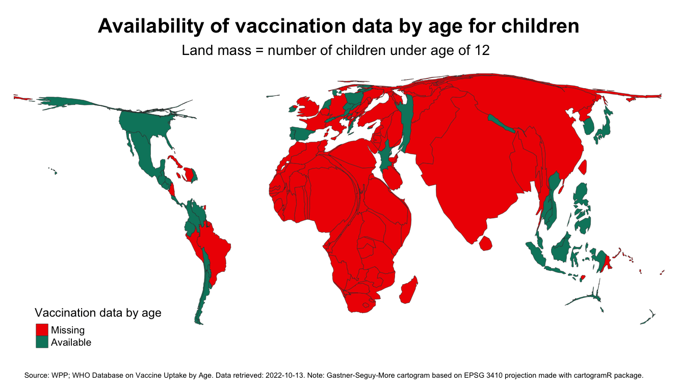 Cartogram of population size of children cohorts by reporting status of age-differentiated data