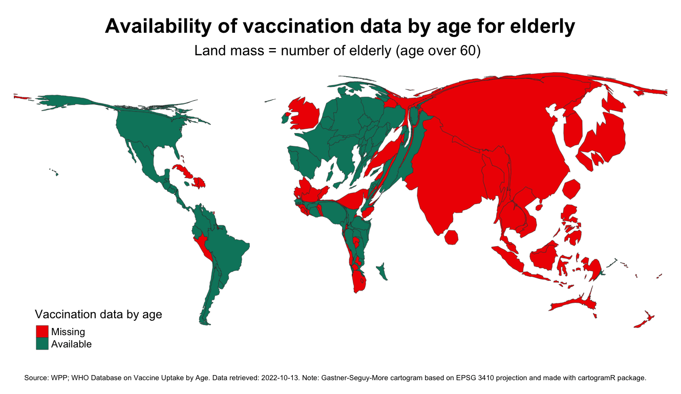 Cartogram of population size of elderly cohorts by reporting status of age-differentiated data